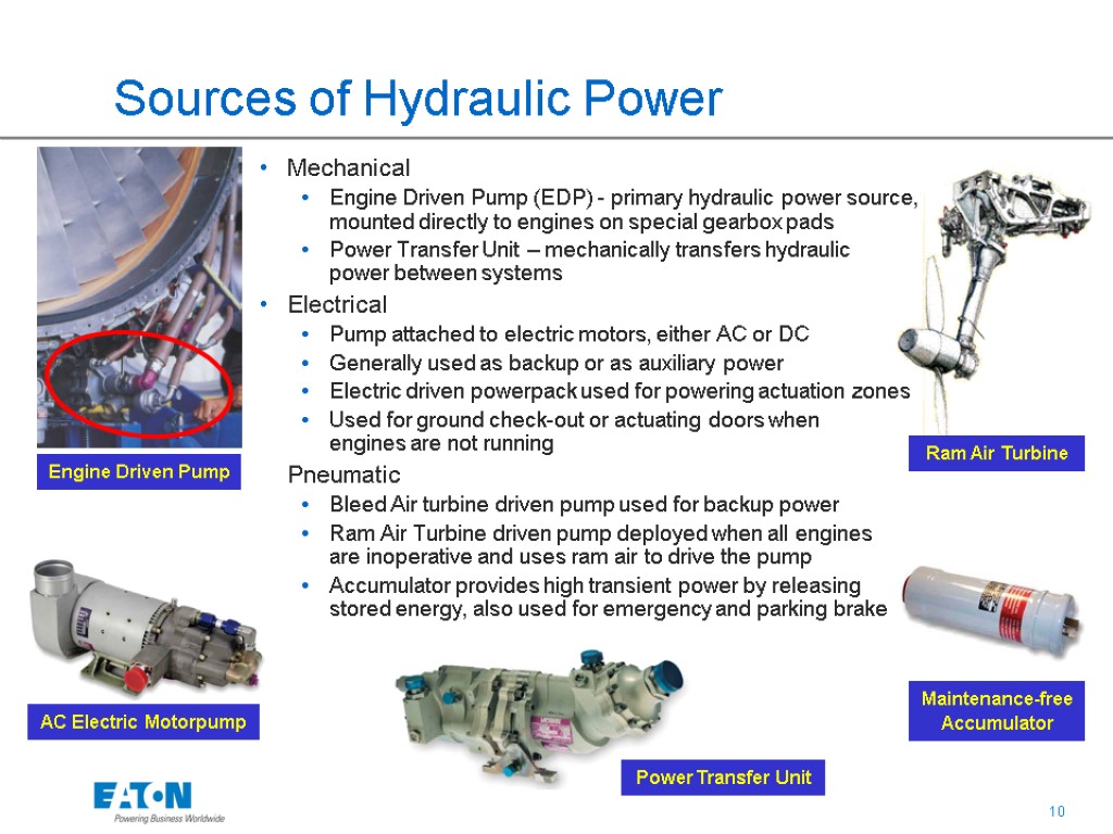 Sources of Hydraulic Power Ram Air Turbine AC Electric Motorpump Maintenance-free Accumulator Engine Driven